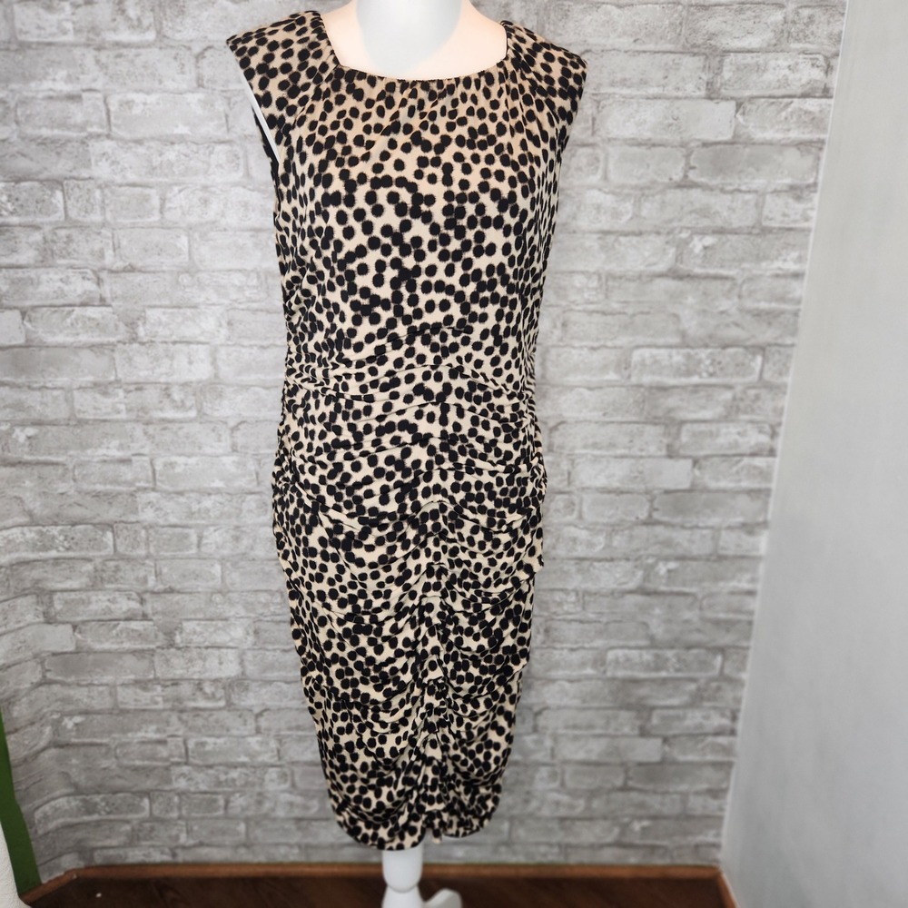 Just Taylor Dress Polka Dot Ruched Bodycon Tan Black Professional Size 10
